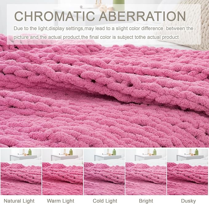 Chunky Knit Throw Blanket 60"X 80", 100% Handmade with Soft Chenille Yarn, 4.4lbs Thick Cable Knitted Blankets, Large Rope Knot Crochet Throws for Couch Sofa Bed Home Decor, Hot Pink