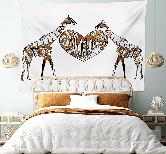 Ambesonne African Tapestry King Size, Soul Mate Giraffes Illustration with a Giant Heart Love in Nature Bohemian Print, Wall Hanging Bedspread Bed Cover Wall Decor, 104" X 88", Brown White
