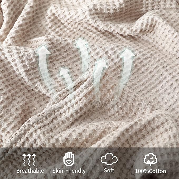 100% Cotton Waffle Blanket (Khaki - King Size - 104 * 90''), Pre-Washed and Anti-Shrinkage Soft Lightweight Bed & Couch Blanket, 380 GSM Waffle Weave Throw Blanket for All Seasons