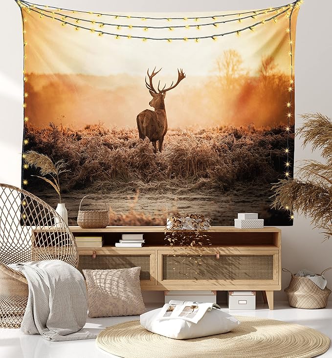Ambesonne Hunting Tapestry Twin Size, Red Deer in the Morning Sun Wilderness Nature Scenery Countryside Rural Heathers, Wall Hanging Bedspread Bed Cover Wall Decor, 68" X 88", Brown Orange