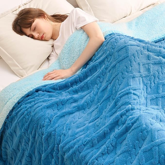 Bedsure Sherpa Fleece Blanket Twin Size for Bed - Fuzzy Soft Cozy Cable Throw for Couch, Thick Warm Blankets for Winter, Horizon Blue, 60x80 Inches