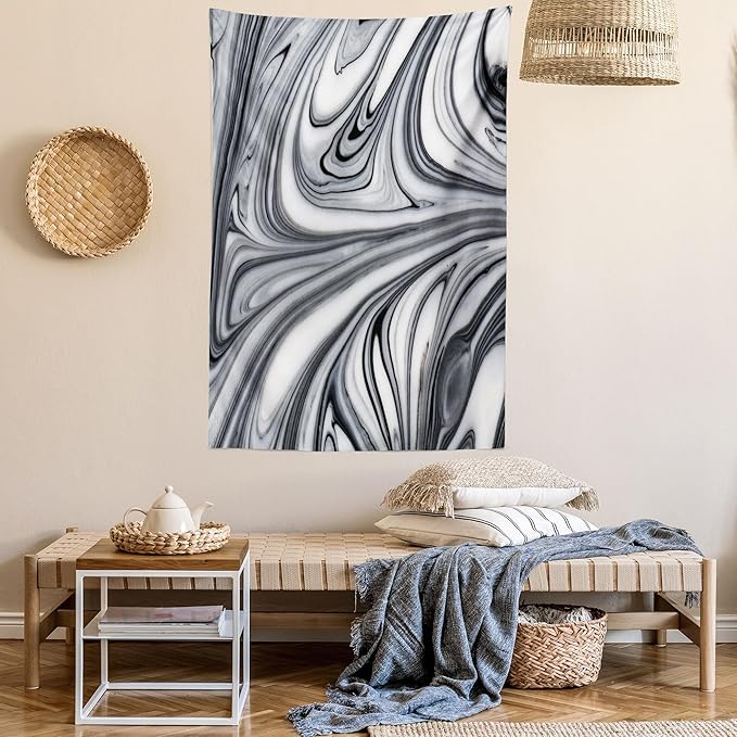 Ambesonne Abstract Tapestry, Mix of White and Black Hallucinatory and Surreal Liquid Marble Graphic Art, Wall Hanging for Bedroom Living Room Dorm Decor, 60" X 80", Grey