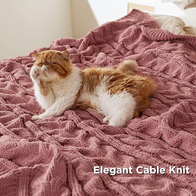 Bedsure Cable Knit Throw Blanket for Couch Bed - Chenille Chunky Knit Throw Blanket for Summer and All Seasons, Soft Cozy and Warm, Pink, 50x60 Inches