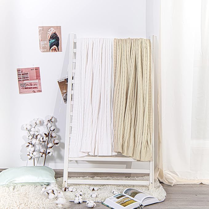 NTBAY 100% Pure Cotton Cable Knit Throw Blanket, Super Soft Warm 51x67 Knitted Throw Blanket for Couch, Sofa, Chair, Bed - Extra Cozy, Machine Washable, Comfortable Home Decor, Khaki
