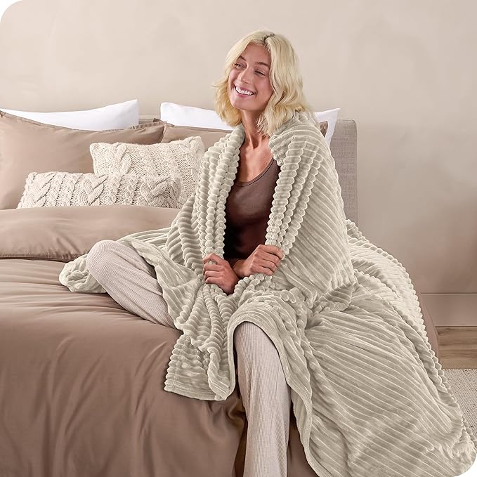 Bare Home Textured Fleece Microplush Blanket - Lightweight Throw for Bed, Sofa, Couch, Camping, and Travel - Ultra Soft Warm Blanket (Throw, Ribbed Oyster)