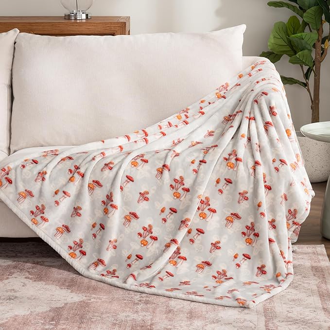 Berkshire Blanket-Classic Heavyweight Soft Printed VelvetLoft® Plush Throw Blanket, Cozy and Fuzzy, Mushroom Field Grey, 50in x 70in