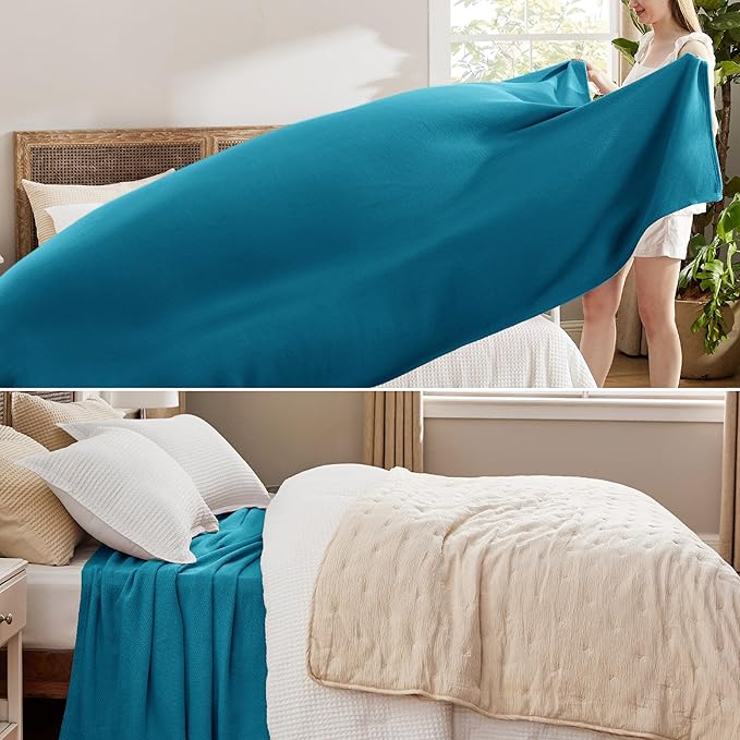 Bedsure 100% Cotton Blanket Queen Size for Bed - Breathable and Lightweight, Soft Cozy Textured Herringbone Woven Blanket for Summer Spring, Teal, 90x90 inches