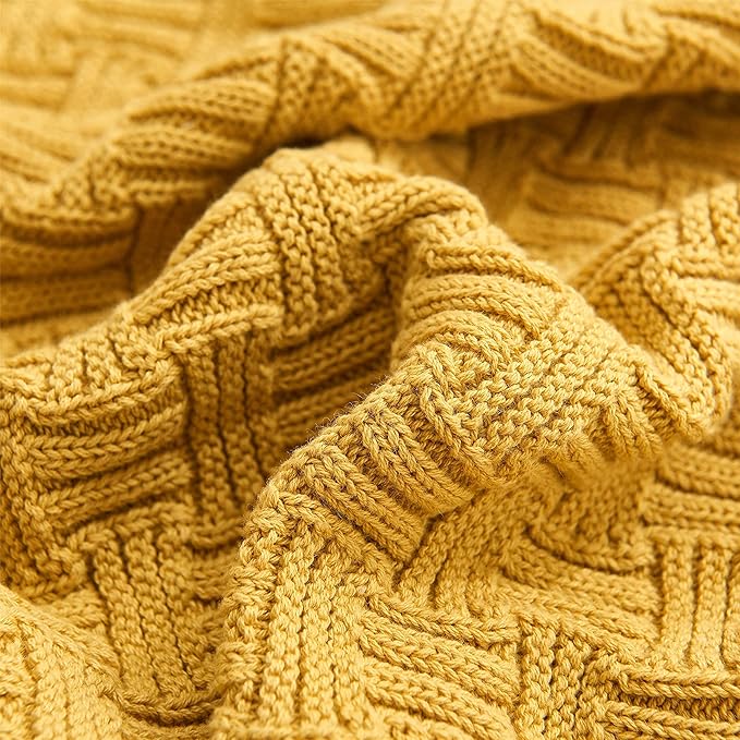 100% Cotton Navy Blue Cable Knit Throw Blanket with Bonus Laundering Bag - Large Thick, 2.5 Pounds,Extra Cozy, Machine Washable, Comfortable Home Decor (Mustard Yellow Stripe Pattern, 60"x80")