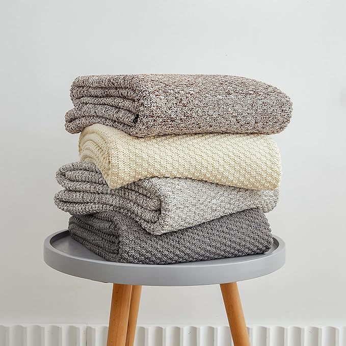 Longhui bedding Coffee Knitted Throw Blanket for Couch, Soft, Cozy Machine Washable 100% Cotton Sofa Knit Blankets, Heavy 4.0lb Weight, 60 x 80 Inches, Coffee and White Color.