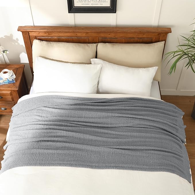 JOOJA Grey Knit Throw Blanket Knitted Boucle Blankets Decorative Soft Fuzzy Throw Bed Blanket for Women Couch 50x60 Inches Grey