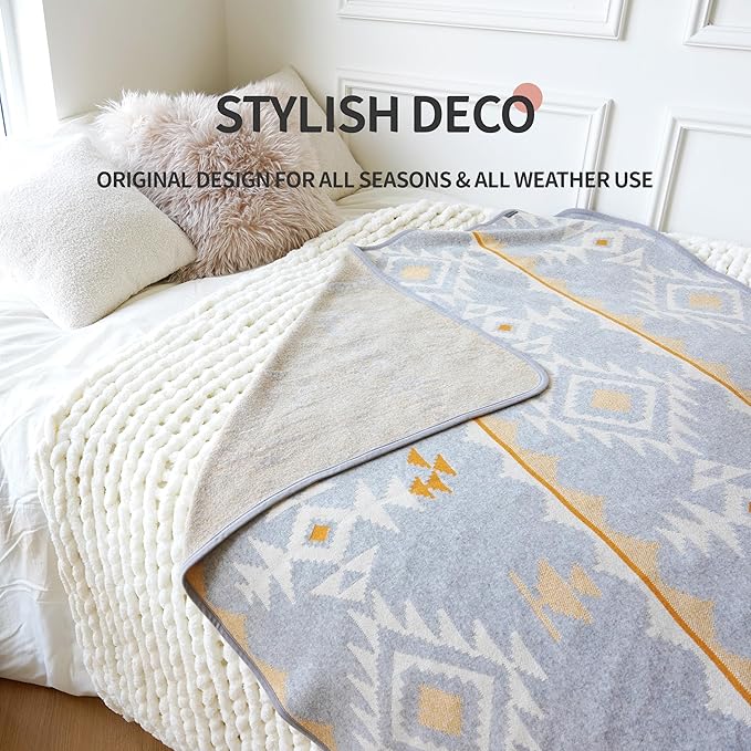 ACUSHLA Merino Wool Blanket - Warm Thick Washable Large Outdoor Camping Sleeping Throw Blanket All Weather, Morocco Grey 79x63