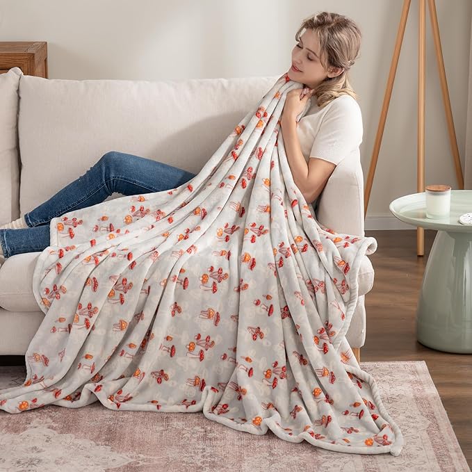 Berkshire Blanket-Classic Heavyweight Soft Printed VelvetLoft® Plush Throw Blanket, Cozy and Fuzzy, Mushroom Field Grey, 50in x 70in