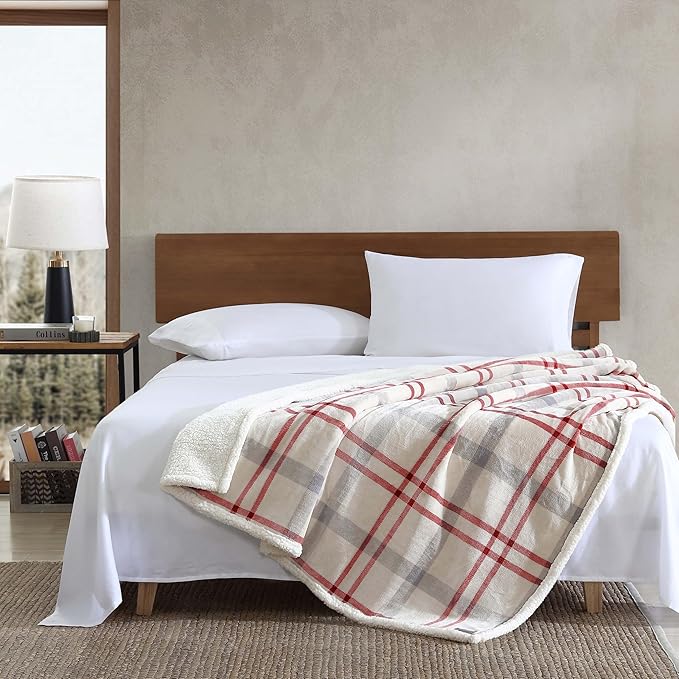 Eddie Bauer - Throw Blanket, Reversible Sherpa Fleece Bedding, Home Decor for All Seasons (New Castle Red, Throw)