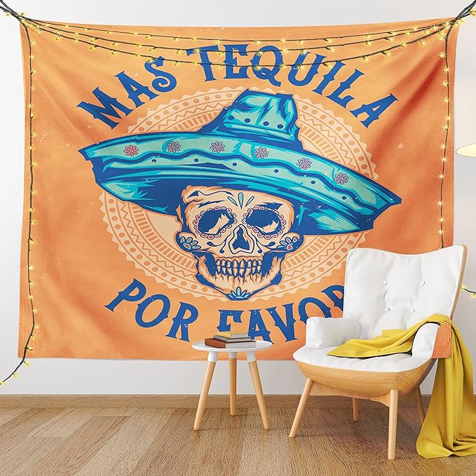 Ambesonne Alcohol Tapestry, Hand-Drawn Sugar Skull Wearing Sombrero with Mas Tequila Por Favor Saying, Wide Wall Hanging for Bedroom Living Room Dorm, 80" X 60", Multicolor Orange
