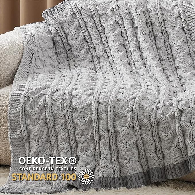 Bedsure Cable Knit Twin Blanket for Couch Bed - Chenille Chunky Knit Twin Blanket for Winter and All Seasons, Soft Cozy and Warm, Grey, 60x80 Inches