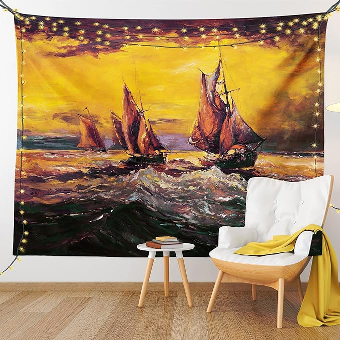 Ambesonne Country Tapestry, Image of Old Sailboats Ships Cruising in Waves at Sunrise Time Dark Sky Art, Fabric Wall Hanging Decor for Bedroom Living Room Dorm, 23" X 28", Yellow Orange