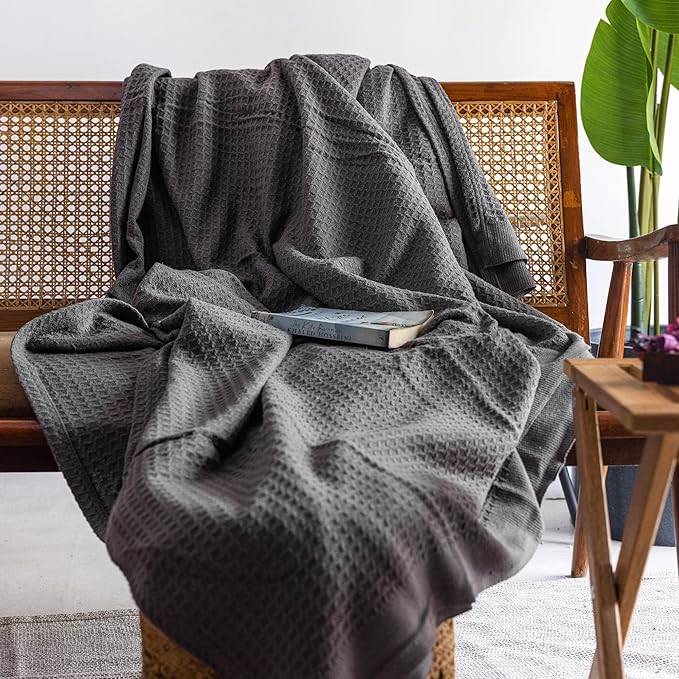 100% Cotton Salt Earth Throw Blanket, Queen, 90"X92" Waffle Throws For Home, Bedrooms, Outdoor Couch & Office Couch, Modern Room Decor Blankets, Lightweight, All Season Western Blanket (Charcoal Grey)