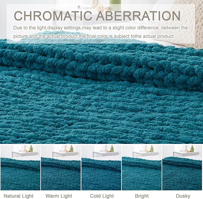 Chunky Knit Throw Blanket 50"X 60", 100% Handmade with Soft Chenille Yarn, 4.4lbs Thick Cable Knitted Blankets, Large Rope Knot Crochet Throws for Couch Sofa Bed Home Decor, Teal