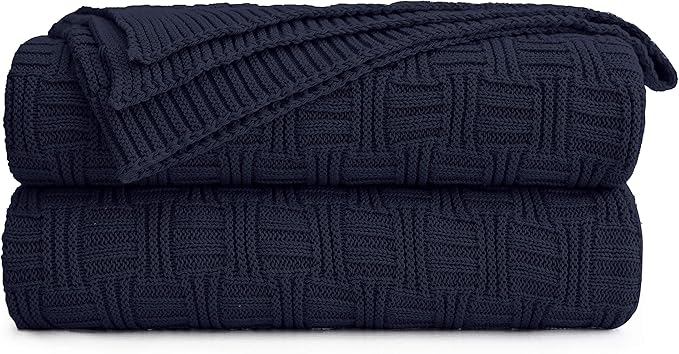 Longhui bedding Cotton Navy Cable Knit Throw Blanket for Couch Chairs Bed Beach, Home Decorative Grey Knitted Blanket, 50 x 60 Inch with a Washing Bag,Silk Bow Tie Package
