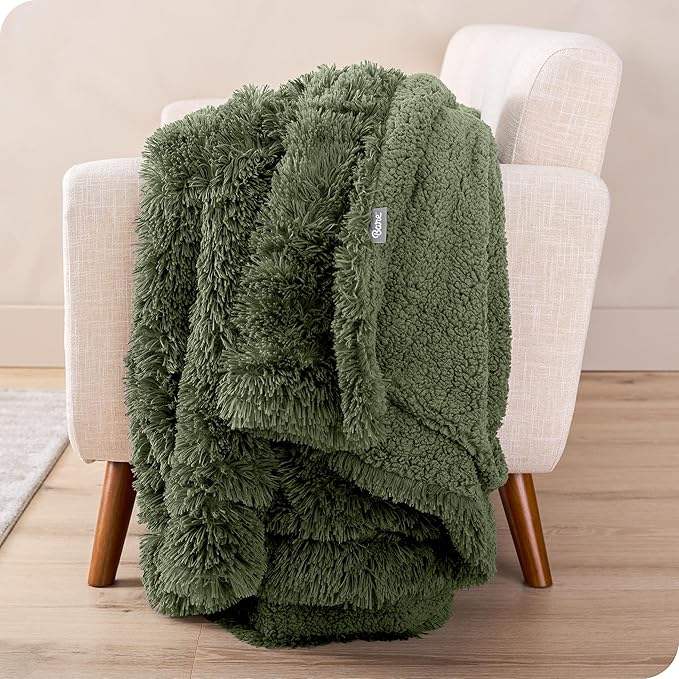 Bare Home Shaggy Faux Fur Sherpa Blanket - Super Soft, Fuzzy, Fluffy - Reversible Cozy Warm Blanket for Couch, Sofa, Chair, Bed - Luxury Home Decor (Throw/Travel, Cypress)