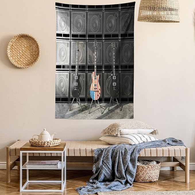 Ambesonne American Flag Tapestry, Black and Us Bass Guitar Electronic Rock Music Theme Digital Graphic Work, Wall Hanging for Bedroom Living Room Dorm Decor, 40" X 60", Charcoal Red