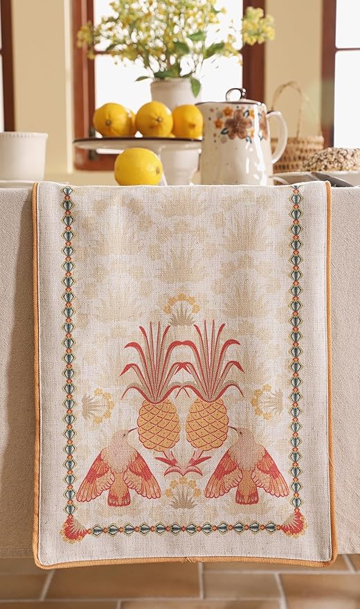 patdrea Designer Tropical Linen Table Runner 102 Inch Long, Yellow Vintage Elegant with Pineapple Pattern Table Mat,Decoration for Kitchen Dining Coffee Table Cover Banquet Christmas , 12"*102"