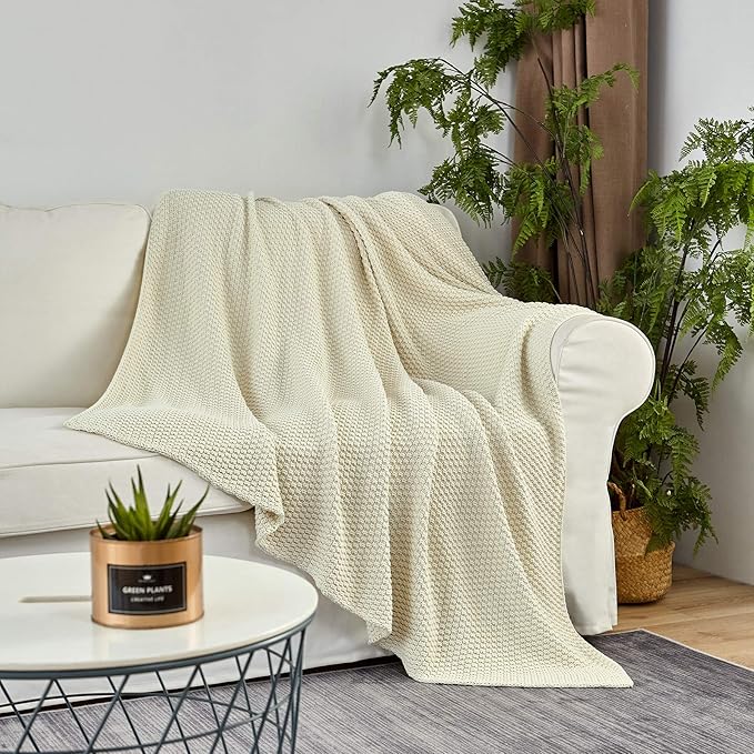 Longhui bedding Cream Knitted Throw Blanket for Couch, Soft, Cozy Machine Washable 100% Cotton Sofa Knit Blankets, Heavy 3.0lb Weight, 51 x 63 Inches, Beige Color