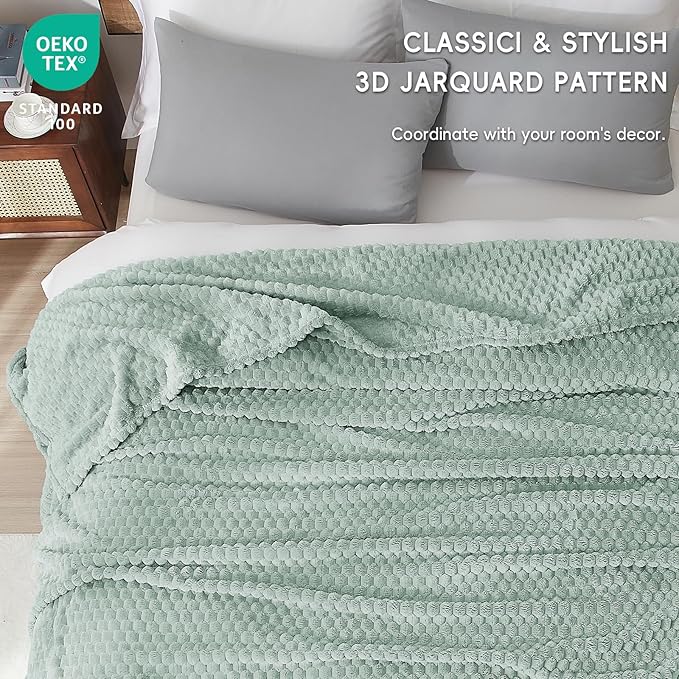 PHF Ultra Soft Flannel Fleece Blanket Queen Size, Lightweight 3D Jacquard Fleece Blanket, No Shedding, No Pilling, Luxury 340GSM Aesthetic Fluffy Cozy for Bed Room Decor, 90"x90", Sage Green