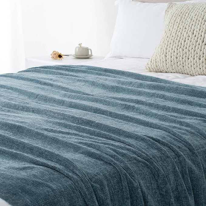 Chenille Throw Blanket for Couch 60"X 80" Twin, Soft Cozy Throws with Fringe Tassel for Bed Sofa Chair Cover, Lightweight Knitted Decorative Boho Blankets for Living Room, Dusty Blue
