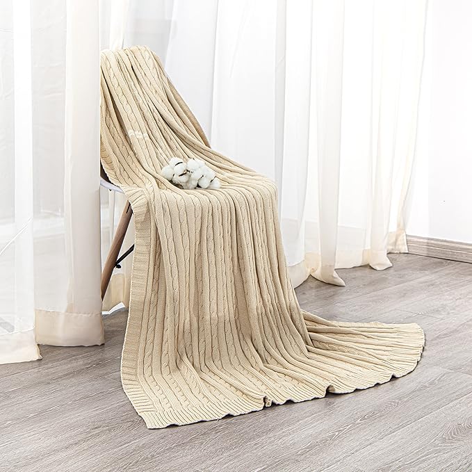 NTBAY 100% Pure Cotton Cable Knit Throw Blanket, Super Soft Warm 51x67 Knitted Throw Blanket for Couch, Sofa, Chair, Bed - Extra Cozy, Machine Washable, Comfortable Home Decor, Khaki
