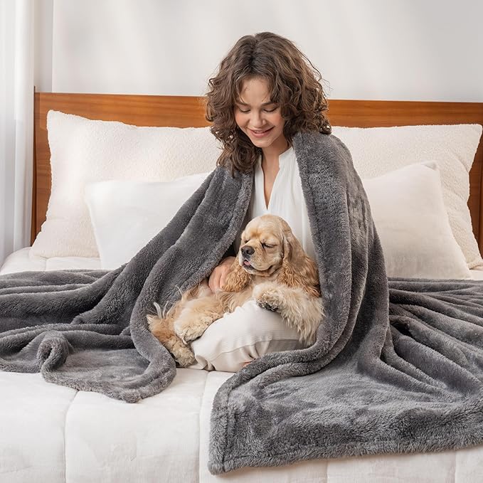 Berkshire Blanket Classic Extra-Fluffy™ Plush Blanket,Twin Size Bed Blanket,Soft Fuzzy Fluffy Long Hair Blanket for Couch Sofa Bed,Shadow Grey,60x92 Inches, E0554-TX-05U
