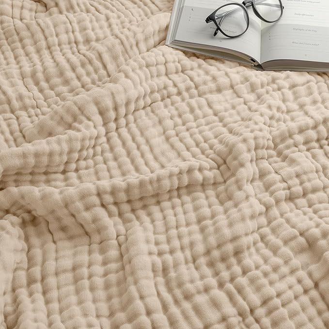 Comfy Cubs Muslin Blanket for Adults Queen 90" x 90" - 6 Layer Soft, Breathable & Lightweight Muslin Adult Blanket - Machine Washable & Designed in The US Bedding for All Seasons - Sand