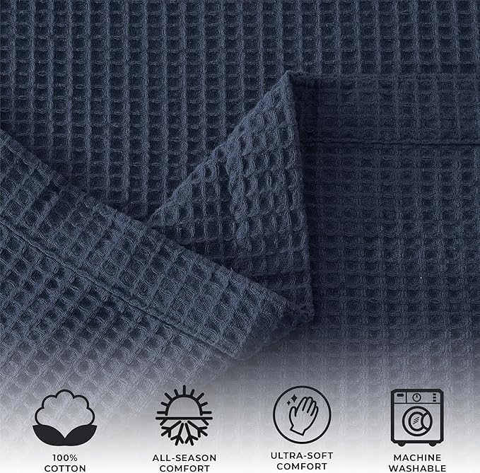100% Cotton Queen Size Blue Waffle Weave Summer Blanket - 90x90in Prewashed Breathable, Woven, Layering Blanket