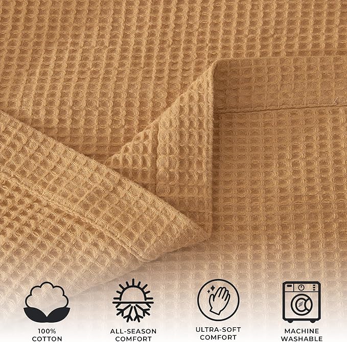 100% Cotton Blanket for King Size Bed - Yellow Waffle Weave Lightweight Summer Bed Blanket - 102x90in Prewashed Breathable, Woven, Layering Blanket (King, Marigold)