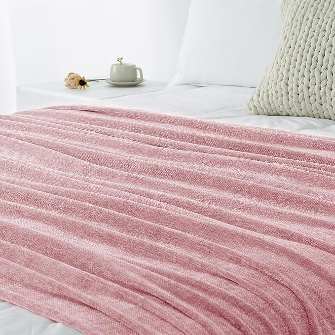 Chenille Throw Blanket for Couch 50"X 60", Soft Cozy Throws with Fringe Tassel for Bed Sofa Chair, Lightweight Knitted Decorative Farmhouse Boho Blankets for Gift, Dusty Pink