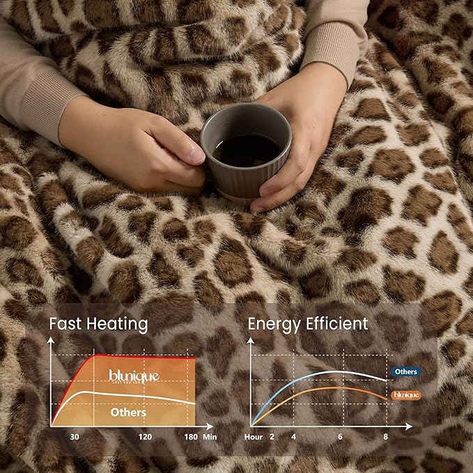 Luxury Faux Fur Heated Blanket Electric Throw - Leopard Print Ultra Soft Thick Warm Heated Blanket, 6 Heating Levels & 12 Hours Auto-Off, ETL Certified, Washable, Luxurious Gifts, 50''x60''