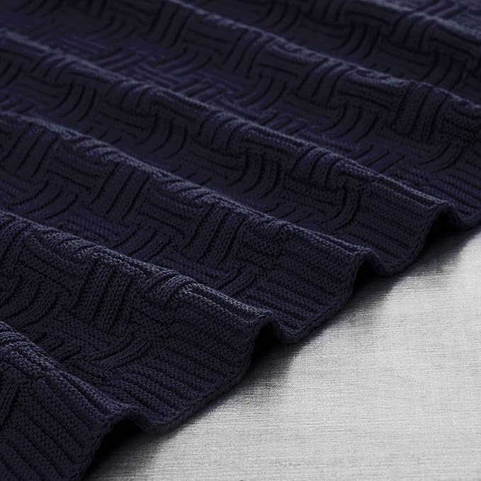 Longhui bedding Cotton Navy Cable Knit Throw Blanket for Couch Chairs Bed Beach, Home Decorative Grey Knitted Blanket, 50 x 60 Inch with a Washing Bag,Silk Bow Tie Package