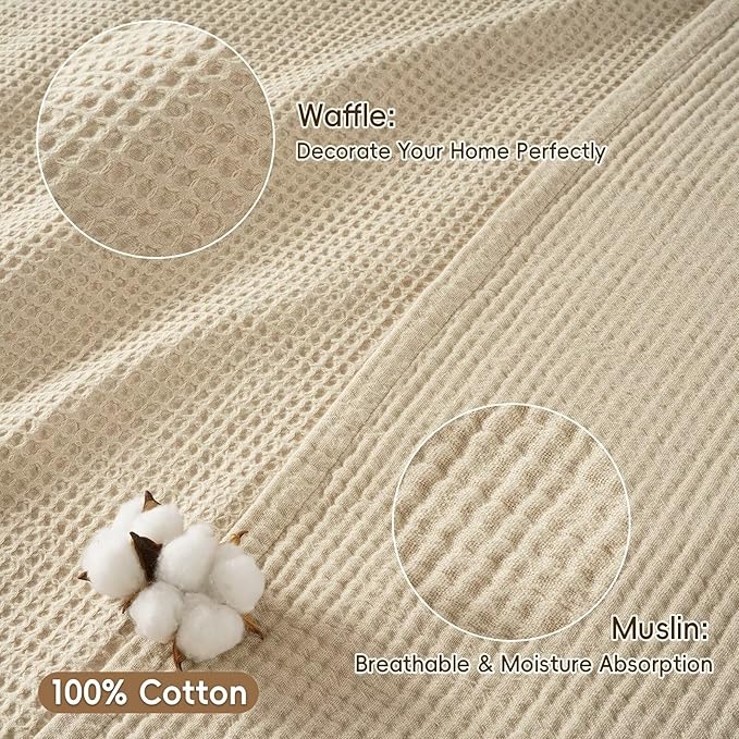 PHF 100% Cotton Waffle Muslin Blanket Twin Size, 66" x 90" Lightweight and Breathable Washed Cotton Blanket, Aesthetic Soft Muslin Waffle Bedding for Sofa Bed Home Decor, Oak