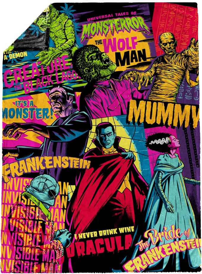 Universal Monsters Mashup Plush Throw Blanket - Measures 50 x 70 Inches, Super Soft Lightweight Bedding with Frankenstein, Dracula and The Mummy
