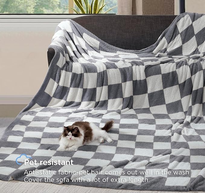 Checkered Throw Blanket for Couch - Super Soft Knit Bed Blanket, Fluffy Fuzzy Plush Lightweight Cozy Blankets for Sofa ,Dark Grey,50" x 60"