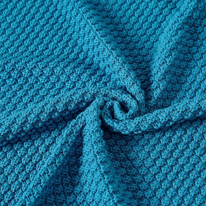 Longhui bedding Teal Knitted Throw Blanket for Couch, Soft, Cozy Machine Washable 100% Cotton Sofa Knit Blankets, Heavy 4.0lb Weight, 60 x 80 Inches, Teal Color.