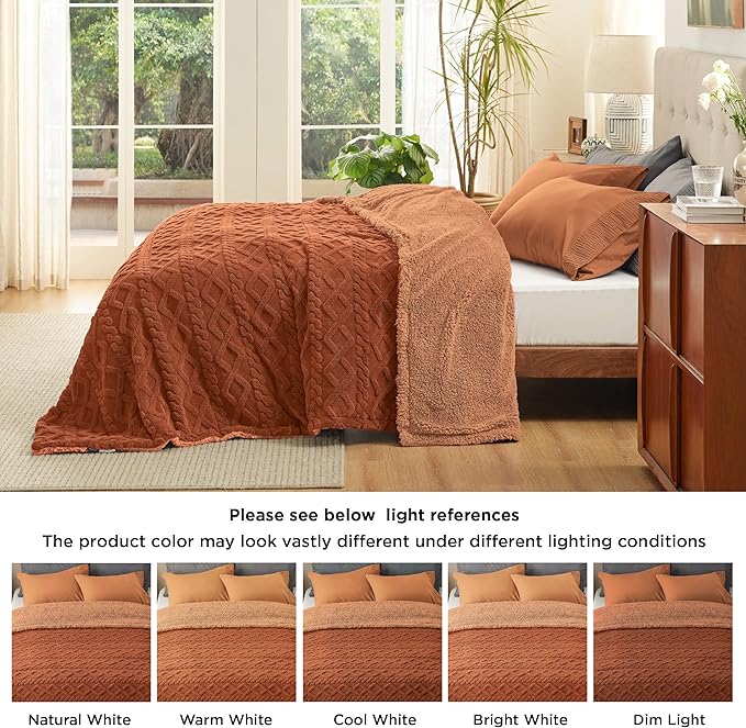 Bedsure Sherpa Queen Size Blanket for Bed - Fleece Soft Cozy Fuzzy Cable Blankets for Women, Thick Warm for Winter and All Seasons, Orange, 90x90 Inches