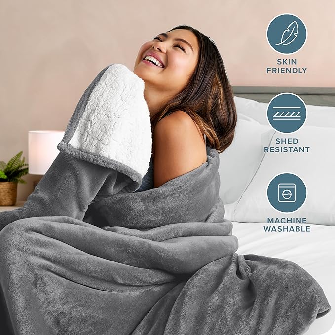 Bare Home Sherpa Fleece Blanket - King Size - Blanket for Bed, Sofa, and Couch - Warm & Lightweight - Fluffy & Soft - Reversible (King, Grey)