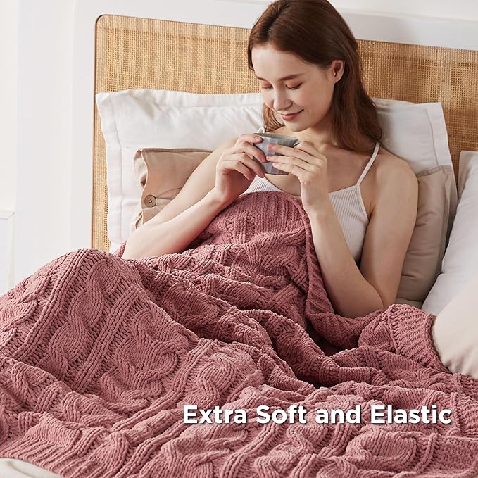 Bedsure Cable Knit Throw Blanket for Couch Bed - Chenille Chunky Knit Throw Blanket for Summer and All Seasons, Soft Cozy and Warm, Pink, 50x60 Inches