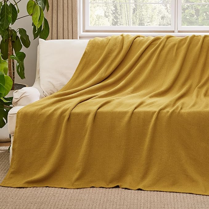 Bedsure 100% Cotton Blanket Twin XL Size for Bed - Breathable and Lightweight, Soft Cozy Textured Herringbone Woven Blanket for Summer Spring, Yellow, 66x90 inches