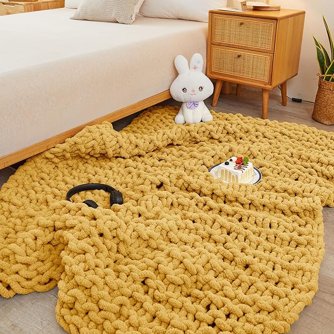 Knit Blanket 50"x60" Yellow Cream Soft Washable Chenille Throw Blanket Cozy 100% Handmade Crochet Blankets with Jumbo Chenille Yarn for Couch Bed Sofa Room Decor