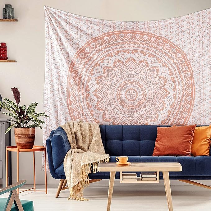 raajsee Rose Gold Ombre Tapestry Wall Hanging Mandala-Bohemian Room Decor-Indian Cotton Throw Hippie Tapestries -Boho Bedding Twin bedspread 52x82 Imches