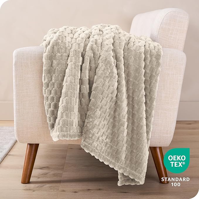 Bare Home Textured Fleece Microplush Blanket - Extra Long - Lightweight Throw for Bed, Sofa, Couch, Movie Night, Camping, and Travel - Ultra Soft Warm Blanket (Twin/Twin XL, Waffle Oyster)