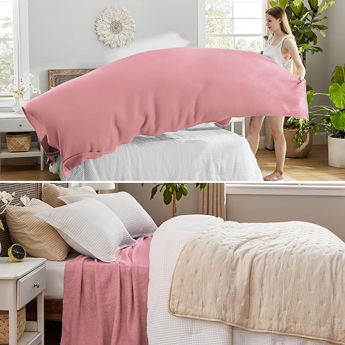 Bedsure 100% Cotton Blanket Queen Size for Bed - Breathable and Lightweight, Soft Cozy Textured Herringbone Woven Blanket for Summer Spring, Pink, 90x90 inches