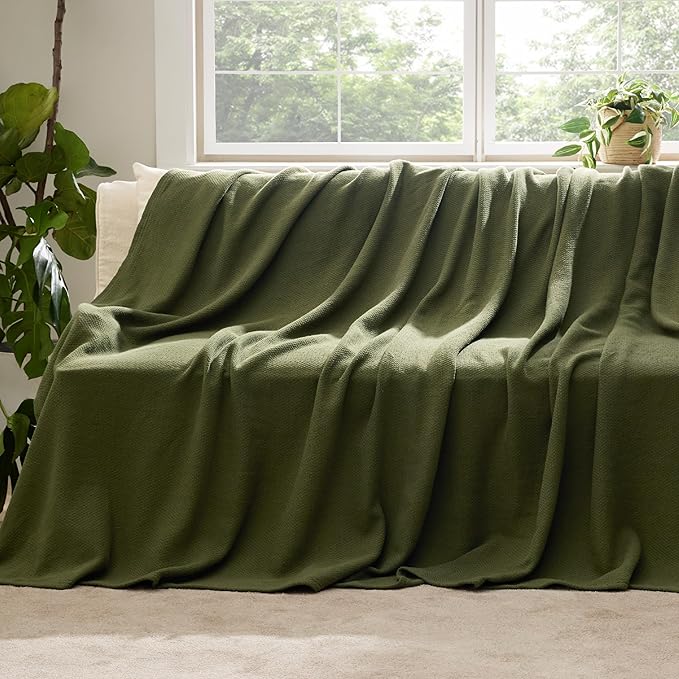 Bedsure 100% Cotton Large Throw Blanket for Couch 50x70 inches - Breathable and Lightweight, Soft Cozy Herringbone Woven Blanket for Summer Spring, Olive Green